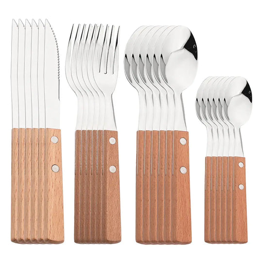 Knife Fork Teaspoon with Wooden Handle 304 Stainless Steel Cutlery Set 6/24Pcs Tableware Mirror Dinnerware Home Flatware Kitchen from PriceLows™