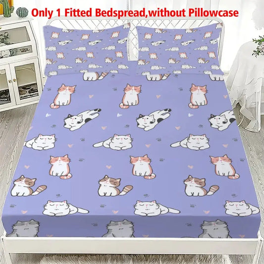 1pc Cute Cartoon Cats Print Fitted Sheet Deep Pocket Elastic Mattress Cover Single Double Queen King Bedroom Decor from PriceLows™
