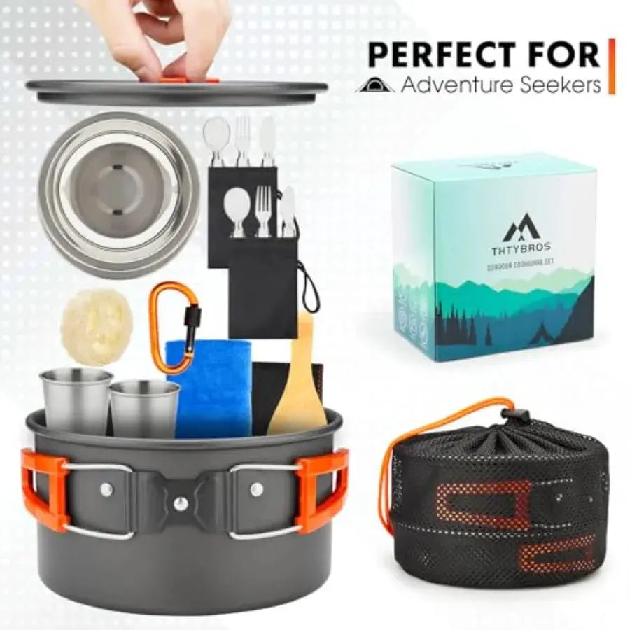 Camping Cookware Kit, 0.45Gal Pot, 7Inch Pan, 0.30Gal Kettle Set with 2 Set Stainless Steel Cups Plates Forks Knives Spoons for from PriceLows™
