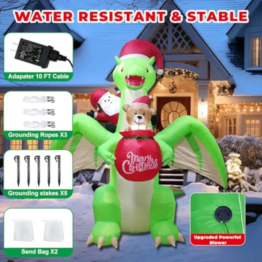 Dinosaur Inflatable | 9 Ft With Led Lights | Santa Riding Dinosaur