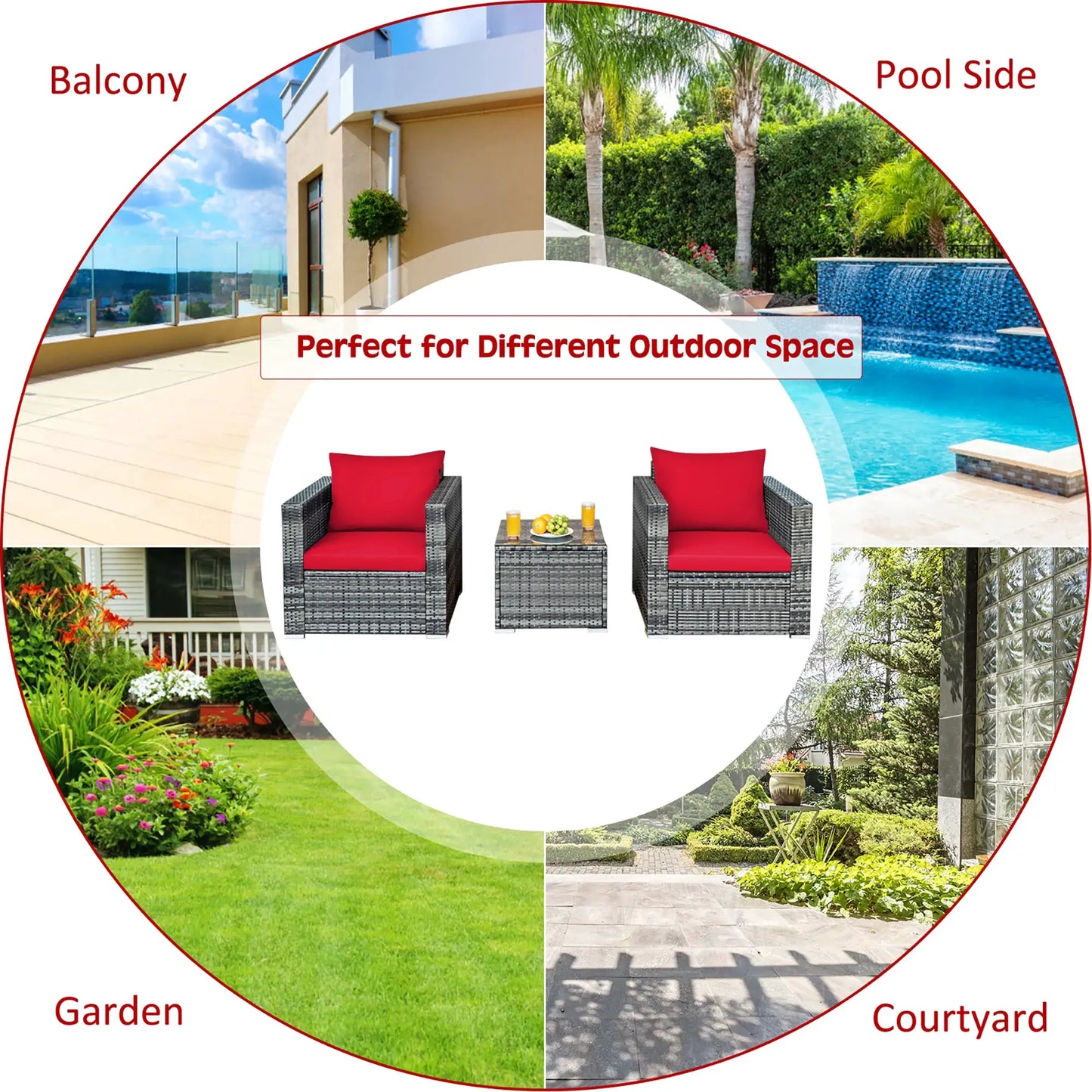 3 PC Patio Rattan Furniture Bistro Set Cushioned Sofa Chair Table Red from PriceLows™