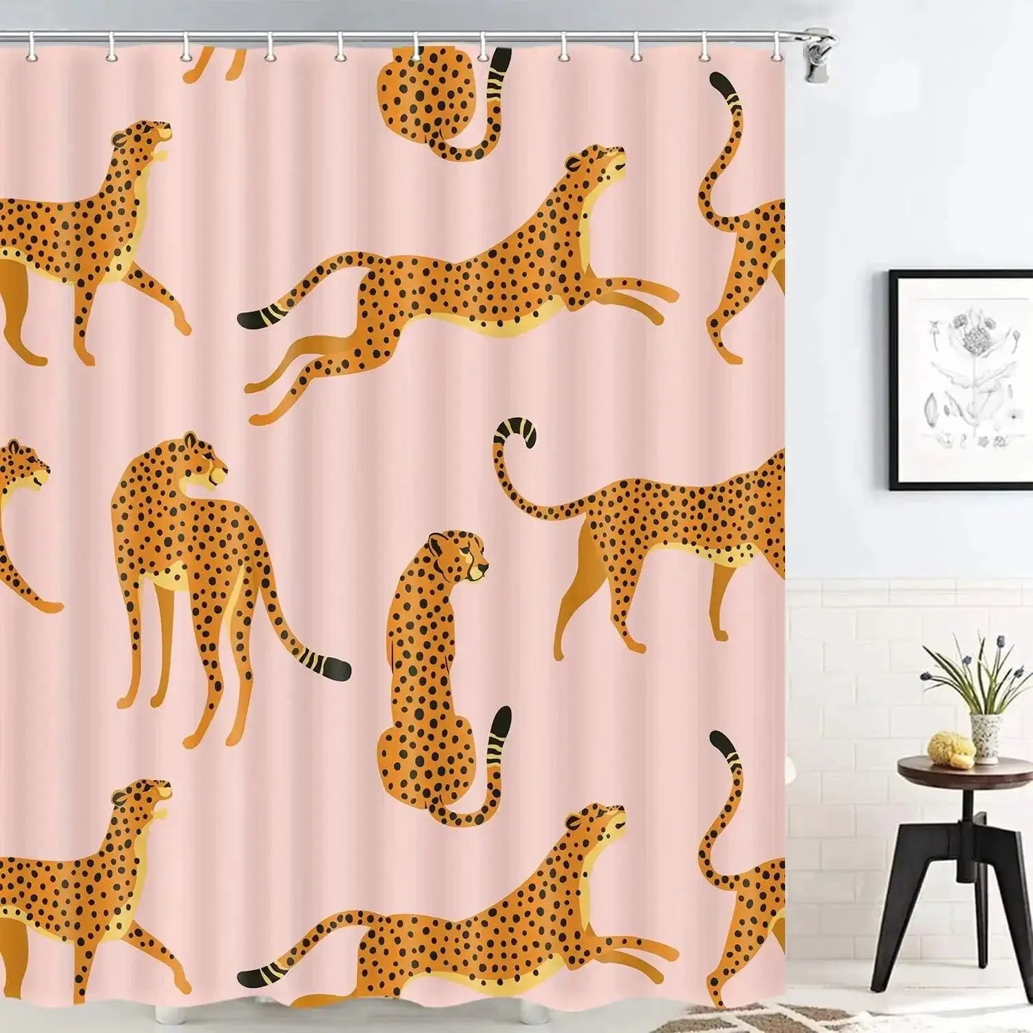 leopard fabric shower curtain, tropical animal cheetah shower curtain for bathroom, pink with hook 180X180CM from PriceLows™