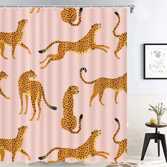 leopard fabric shower curtain, tropical animal cheetah shower curtain for bathroom, pink with hook 180X180CM from PriceLows™