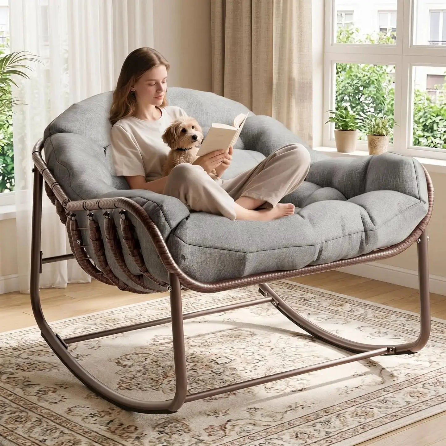 Oversized Patio Rocking Chair,Wicker Rattan Lounge Chair with Water-Resistant Cushion Sturdy Metal Frame for Balcony Garden from PriceLows™