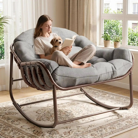Oversized Patio Rocking Chair,Wicker Rattan Lounge Chair with Water-Resistant Cushion Sturdy Metal Frame for Balcony Garden from PriceLows™