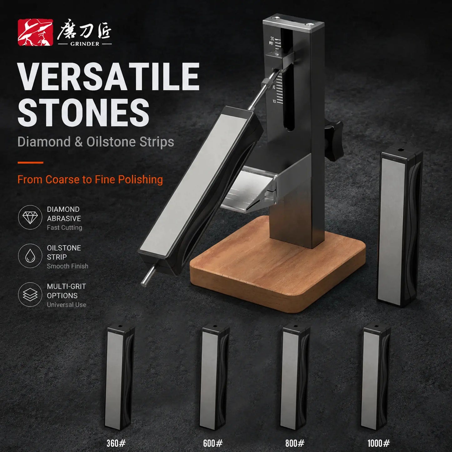 Knife Sharpener System | Adjustable | Solid Wood Base | Grits 360 1000