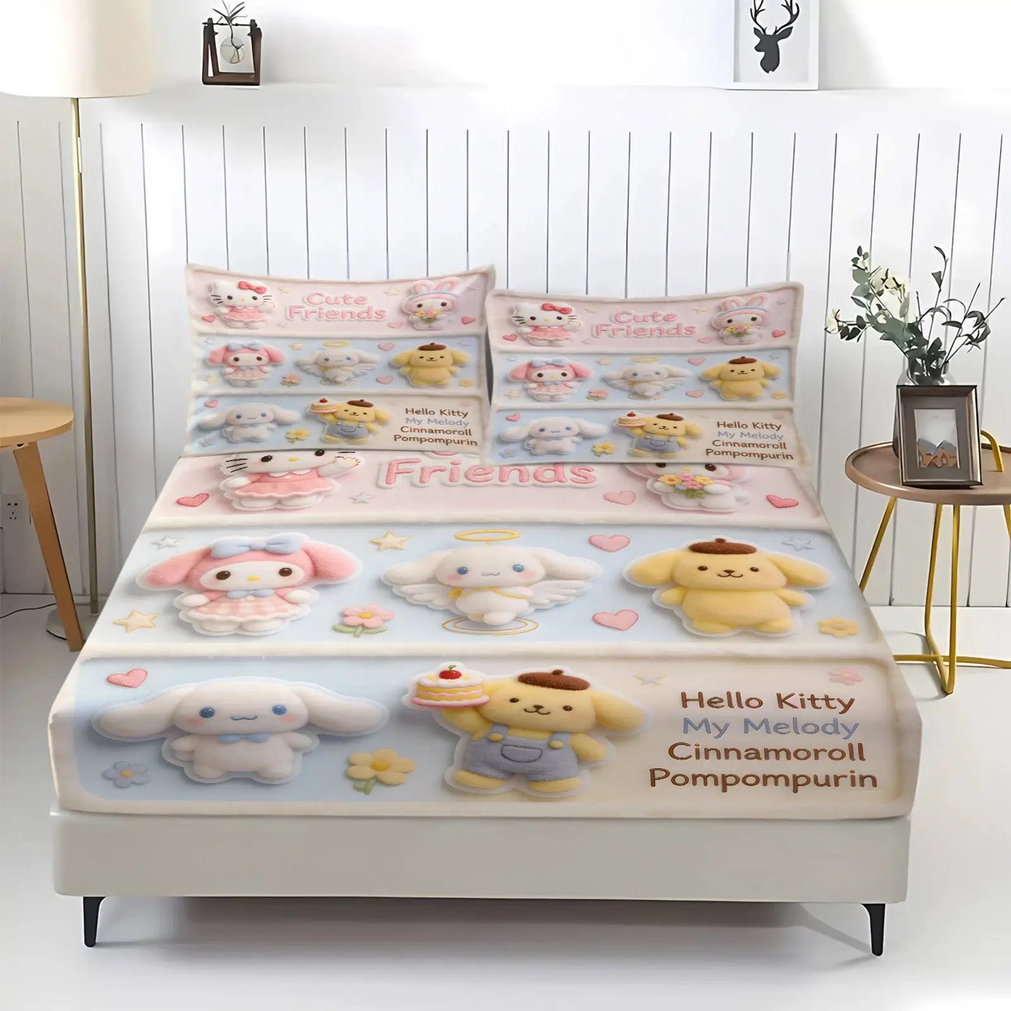 Sanrio Hello Kitty My Melody Cinnamoroll Pompompurin Fitted Sheet Set Kawaii Cute Cartoon Bed Sheet Pillowcases for Girl Bedroom from PriceLows™