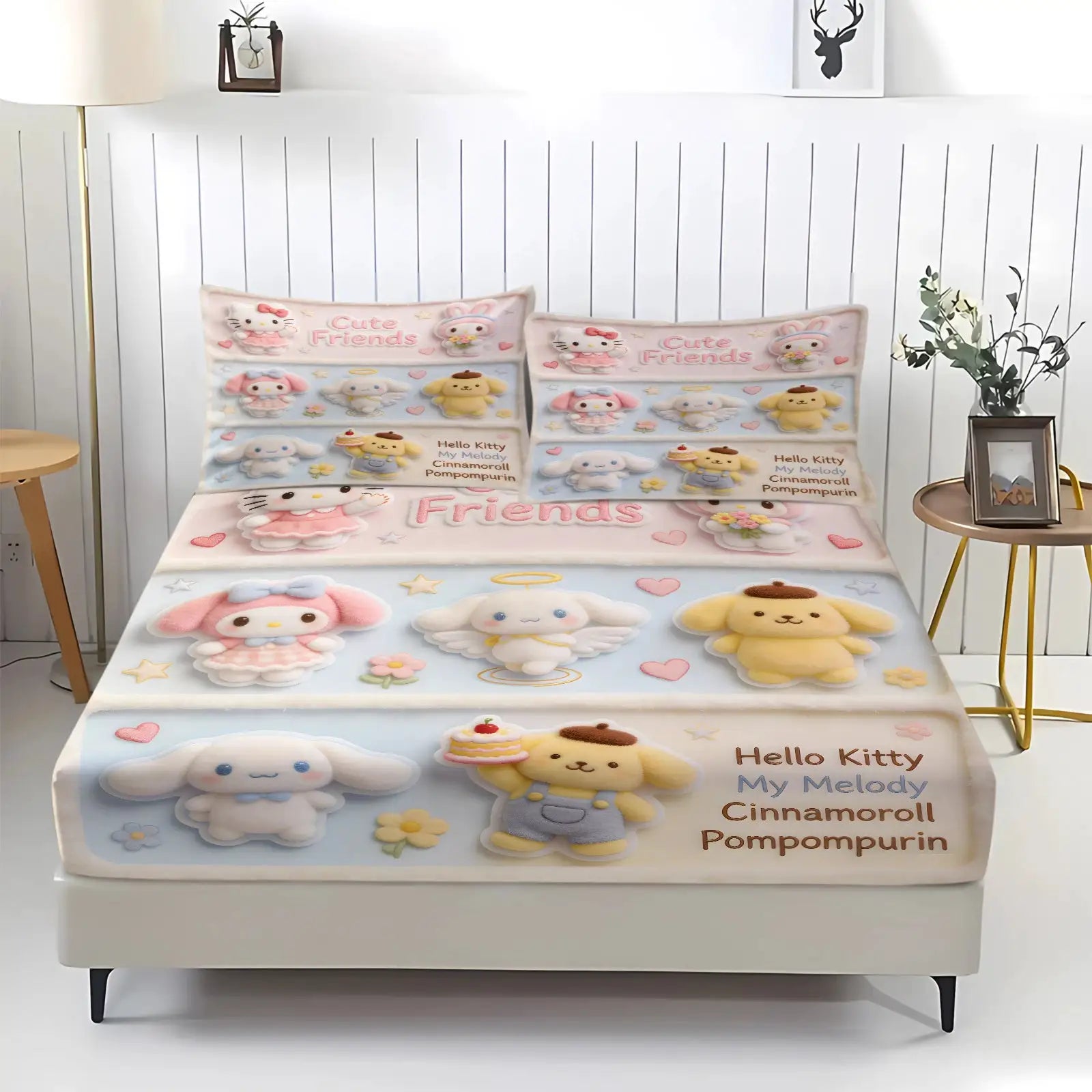 Sanrio Hello Kitty My Melody Cinnamoroll Pompompurin Fitted Sheet Set Kawaii Cute Cartoon Bed Sheet Pillowcases for Girl Bedroom from PriceLows™