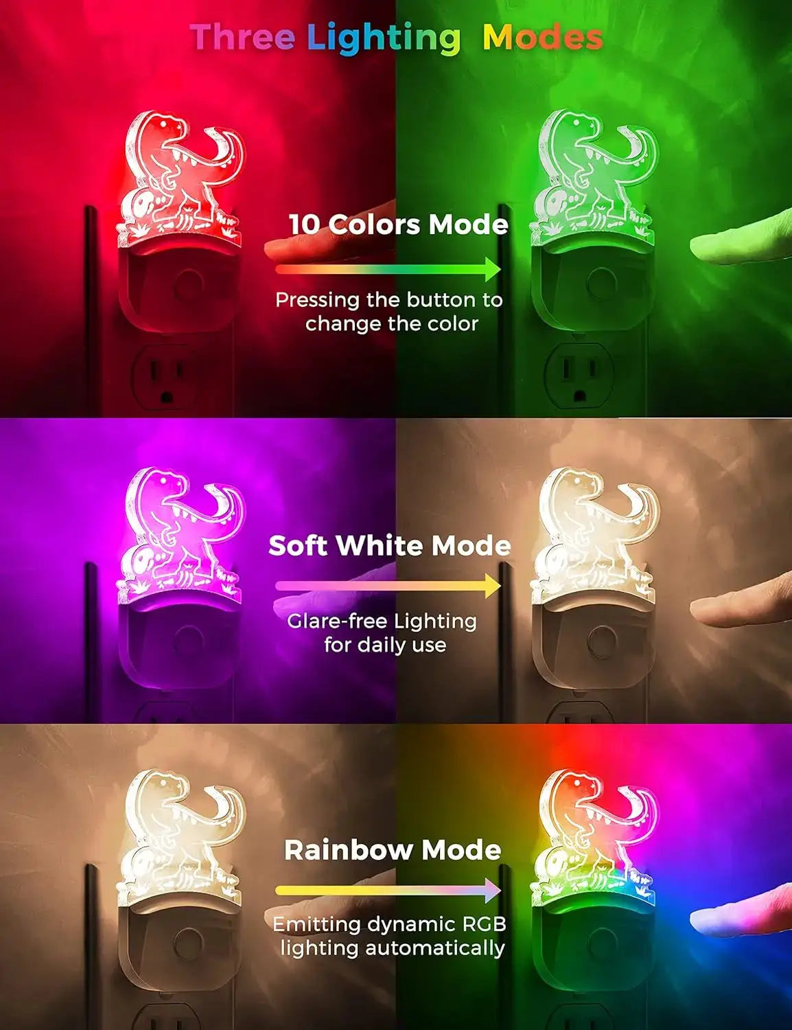 Dinosaur Night Light for Kids, Plug-in LED with Dusk-to-Dawn Sensor, 3 Modes, RGB+Warm White, Nursery Room Decor from PriceLows™