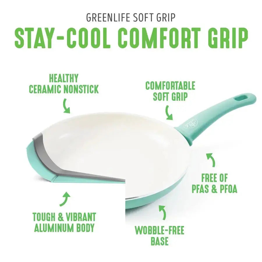 Soft Grip Healthy Ceramic Nonstick, 15 Piece Cookware Pots and Pans Set, Induction, PFASFree, Dishwasher Safe, Turquoise from PriceLows™