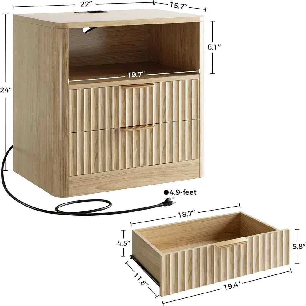 IRONCK Fluted Night Stand Set of 2, Modern Nightstand with Charging Station, Drawers and Open Shelves-Bedside Table for Bedroom from PriceLows™