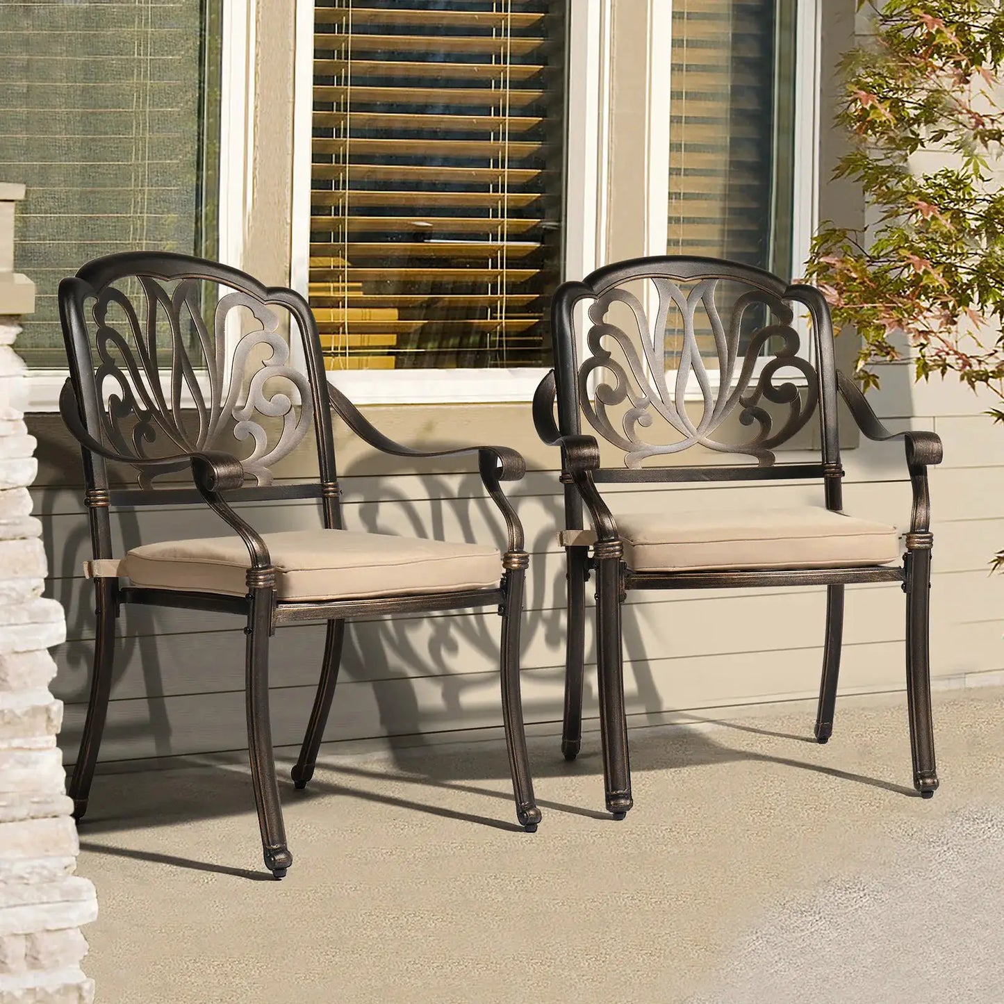 Set of 2 Cast Aluminum Patio Dining Chairs with Cushions, Stackable Outdoor Bistro Chairs for Balcony Backyard Antique Bronze from PriceLows™
