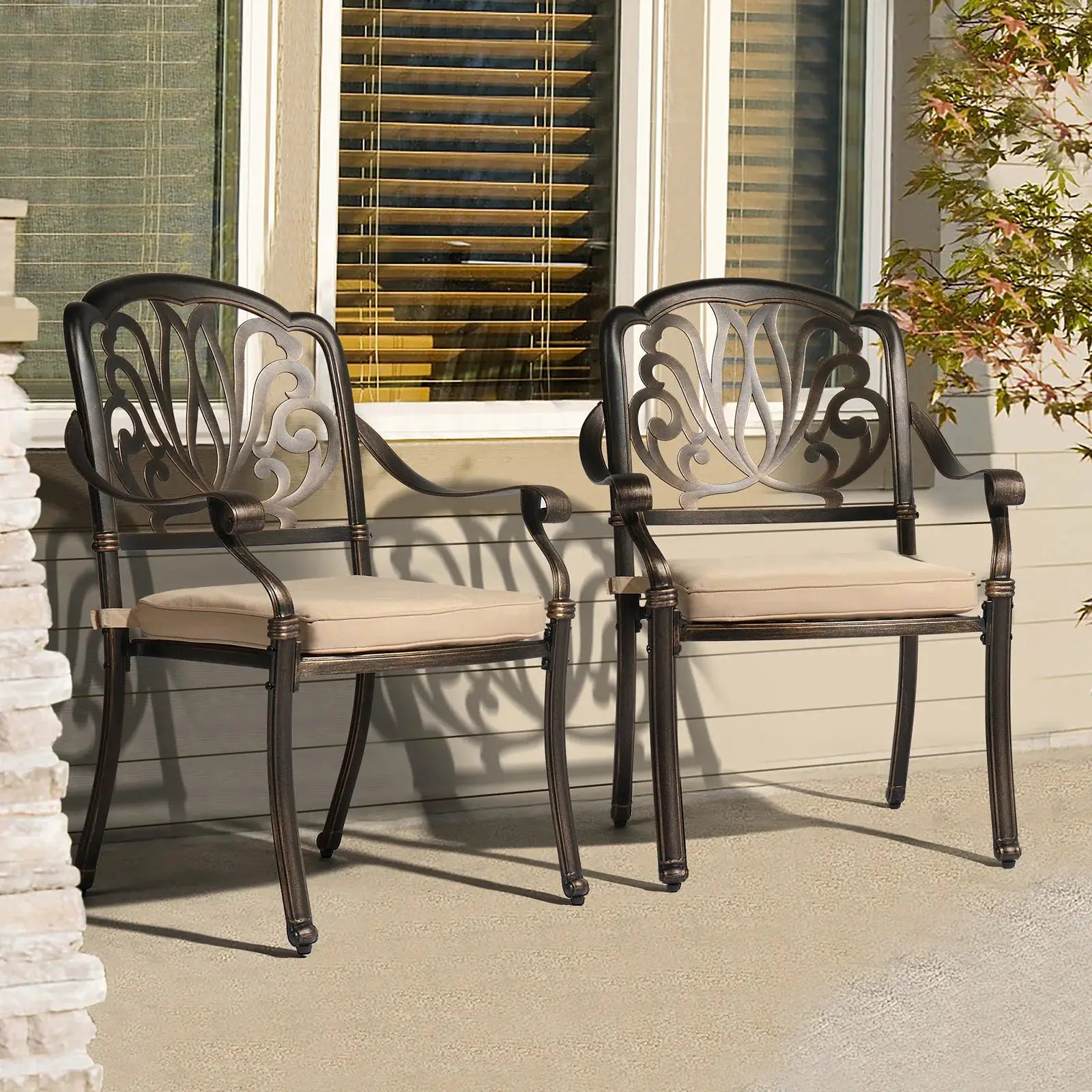 Set of 2 Cast Aluminum Patio Dining Chairs with Cushions, Stackable Outdoor Bistro Chairs for Balcony Backyard Antique Bronze from PriceLows™