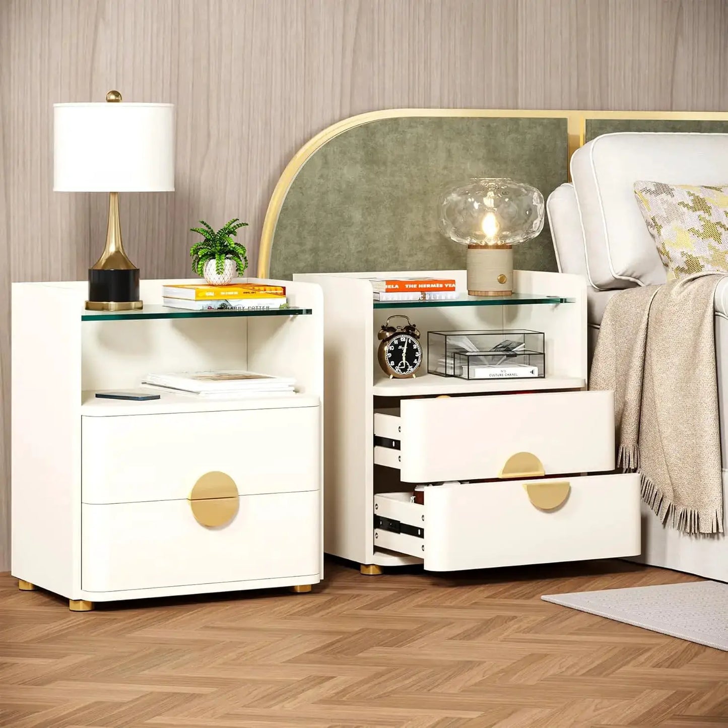 Nightstand with 2 Drawers, Modern Nightstand with Open Storage Shelf, White Bed Side Table for Bedroom, Living Room from PriceLows™