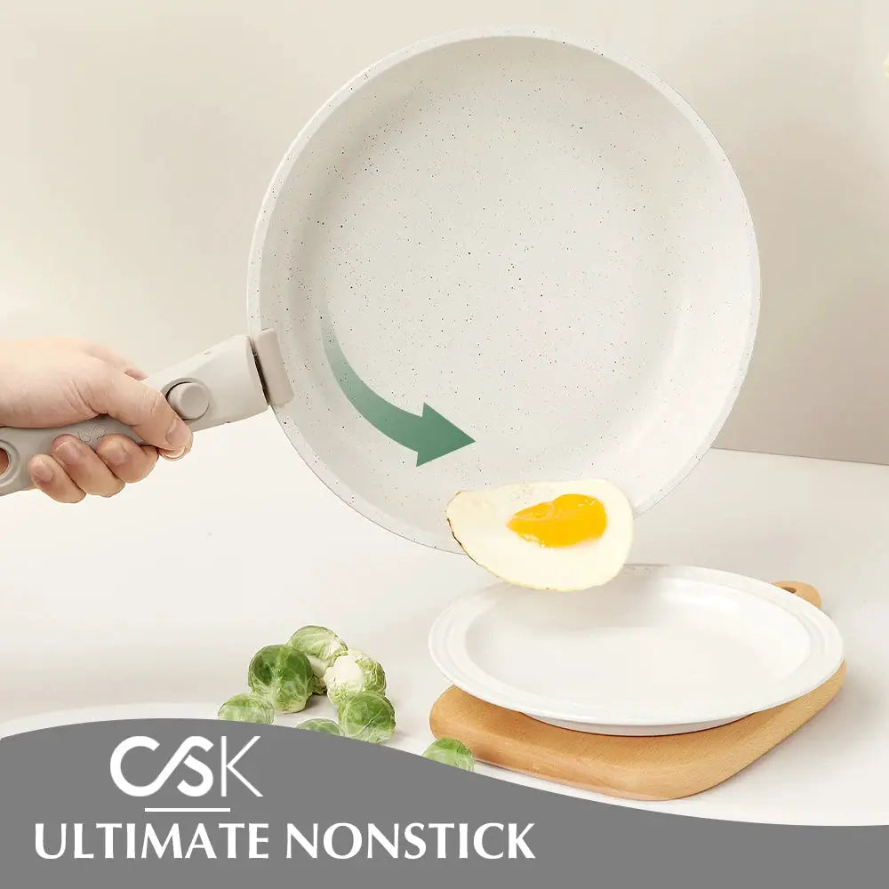 17 Piece Nonstick Skillet and Saucepan Set with Silicone Lid and Utensils Induction, Detachable Handle, Oven Available, Beige from PriceLows™