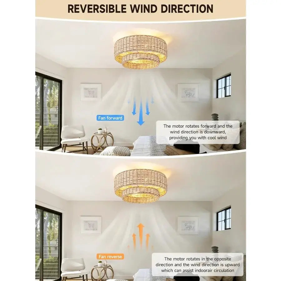 Boho Caged Ceiling Fans with Lights Flush Mount Layered Rattan Ceiling Fan with Light Remote Control with Reversible 6 Speeds f from PriceLows™