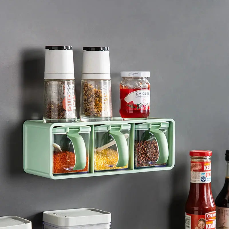 Spice Jars Set | 390ml | Three-Compartment Wall Mount | 3 Jars