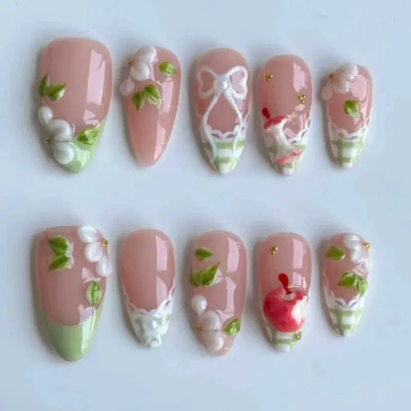 Press On Nails | Almond Shape | Green Lotus Frog Design | 24 Piece Kit