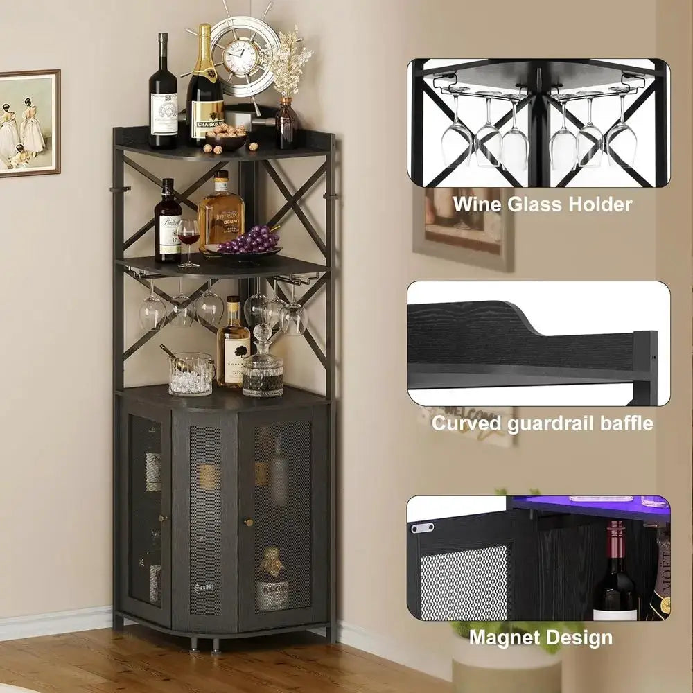 5-Tier LED-Illuminated Industrial Wine Bar Cabinet with Glass Rack and Door, Perfect for Farmhouse and Coffee Bars in Black from PriceLows™