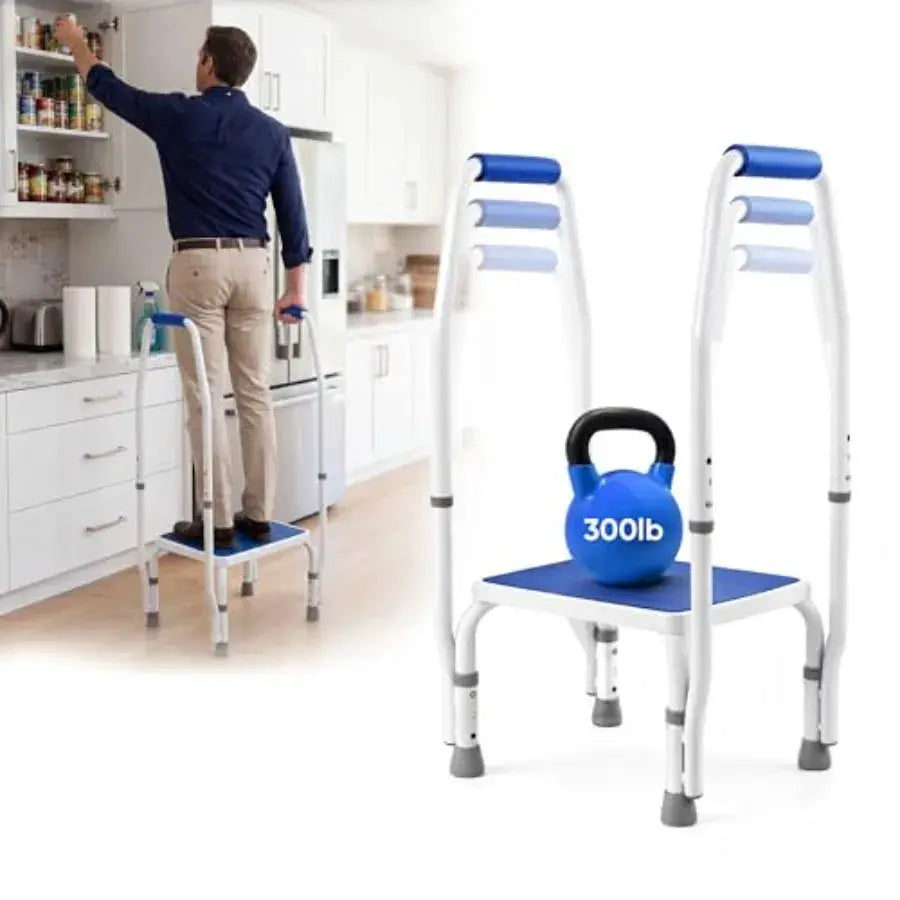 AdjustaStep tm DoubleSafe Deluxe Step Stool/Footstool with Dual Handle/Handrail, Height Adjustable. Modern White/Blue Design. P from PriceLows™