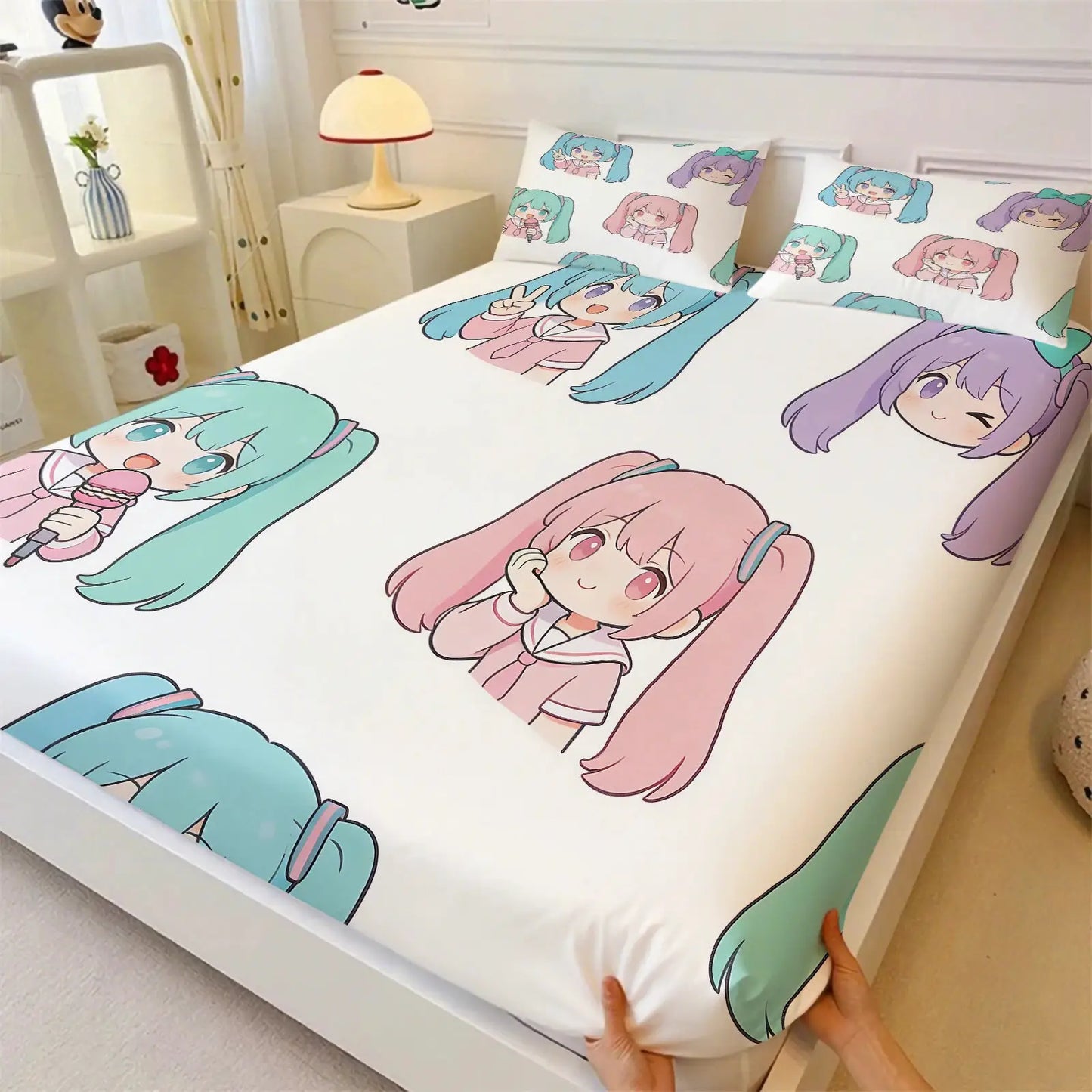 3Pcs Hatsune Miku Hanfu Style Fitted Sheet Set Ink Wash Anime Bed Cover with Pillowcases Deep Pocket Teens Fans Room Decor Gift from PriceLows™