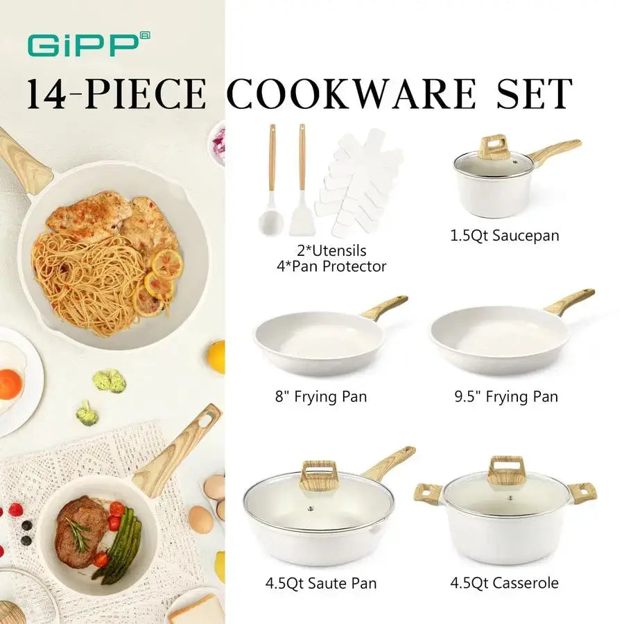 Pots and Pans Set Non Stick 14 Pcs White Granite Kitchen Cookware Sets Nonstick Induction Cookware Cooking Pan Set with Frying P from PriceLows™
