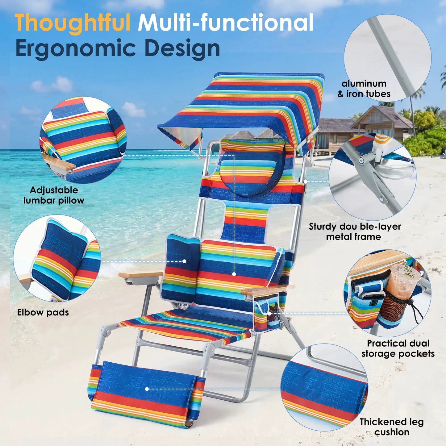 TCGBKAF Backpack Beach Chair with 5-Position Footrest Sunbathing Lounge Chair with Canopy for Pool&Beach&Lawn Double Shoulder Straps Folding Tanning Chair with Face&Arm Hole from PriceLows™