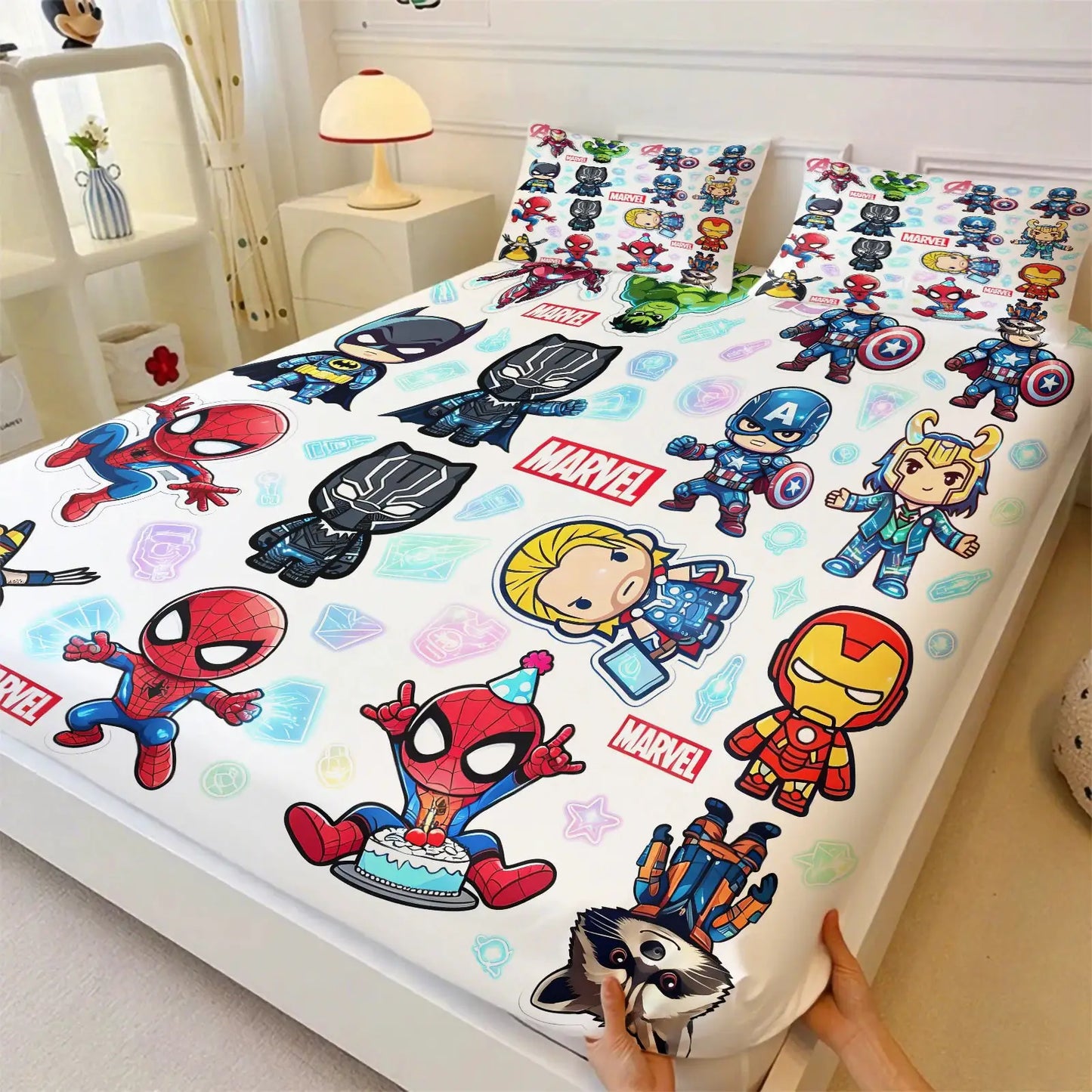 Marvel & DC Cartoon Fitted Sheet Set Chibi Superhero Bed Linen with Pillowcases Deep Pocket Gaming Room Fan Room Kids Room Decor from PriceLows™