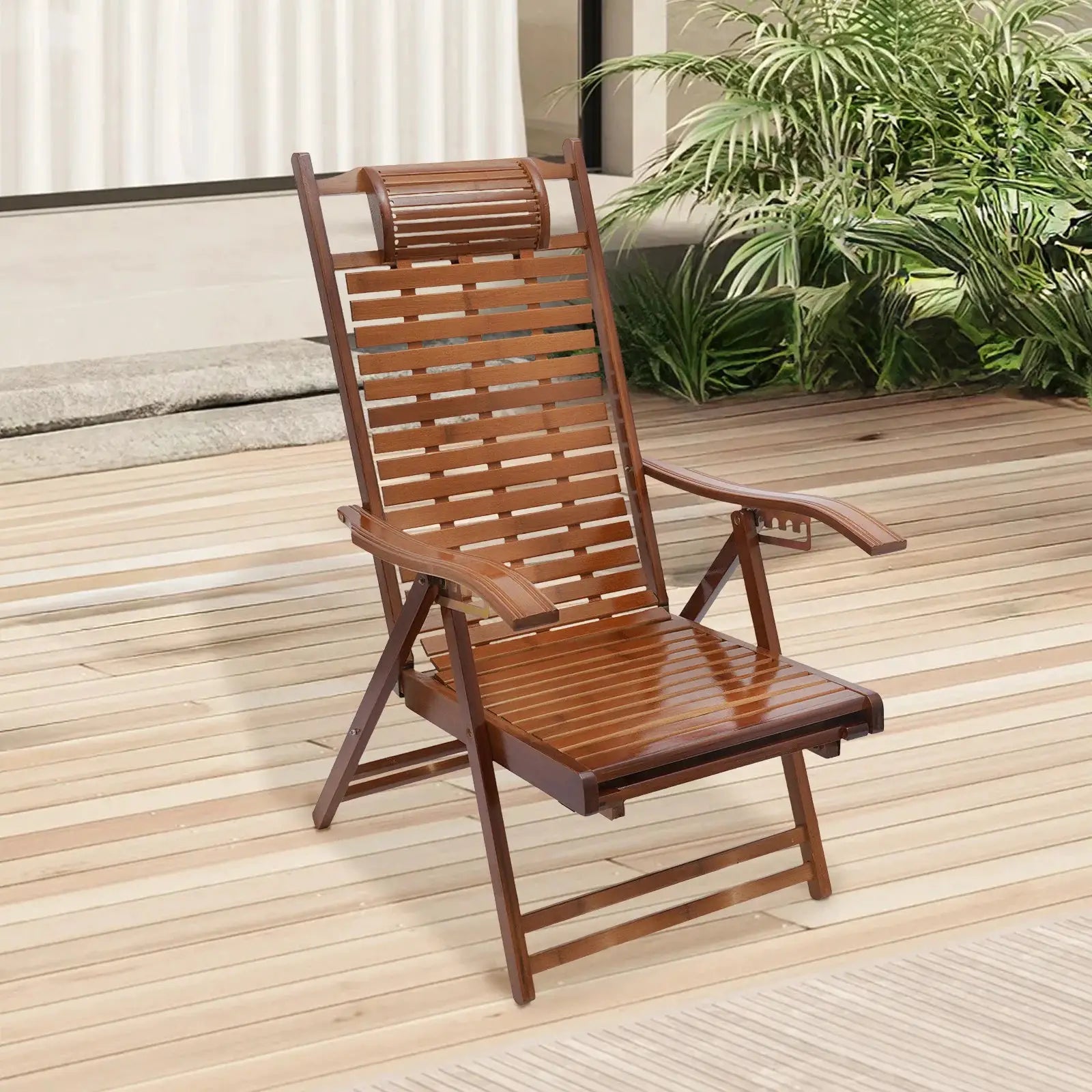 Bamboo Folding Lounge Chair Adjustable Backrest(Maximum 160°) Folding Chair with Massage Hammer for Terrace Bedroom Garden from PriceLows™