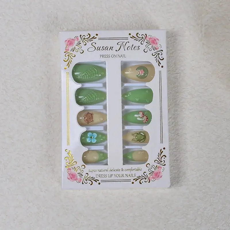 Press On Nails | Almond Shape | Green Lotus Frog Design | 24 Piece Kit