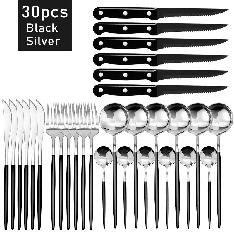 30pcs Black Dinnerware Set Stainless Steel Steak Knife Fork Coffee Spoon Teaspoon Flatware Dishwasher Safe Kitchen Tableware Set from PriceLows™
