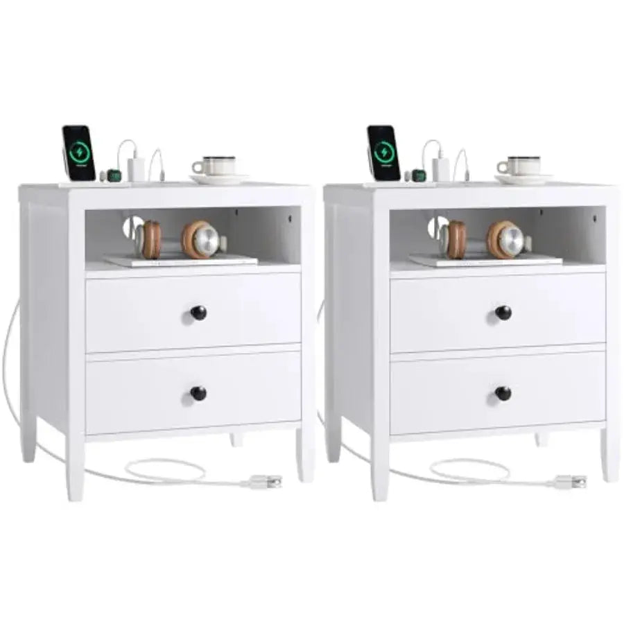 Nightstand Set of 2, Night Stand with Charger Station, Bedside Table with 2 Drawers, Bed Side Tables for Bedroom, Modern Nights from PriceLows™