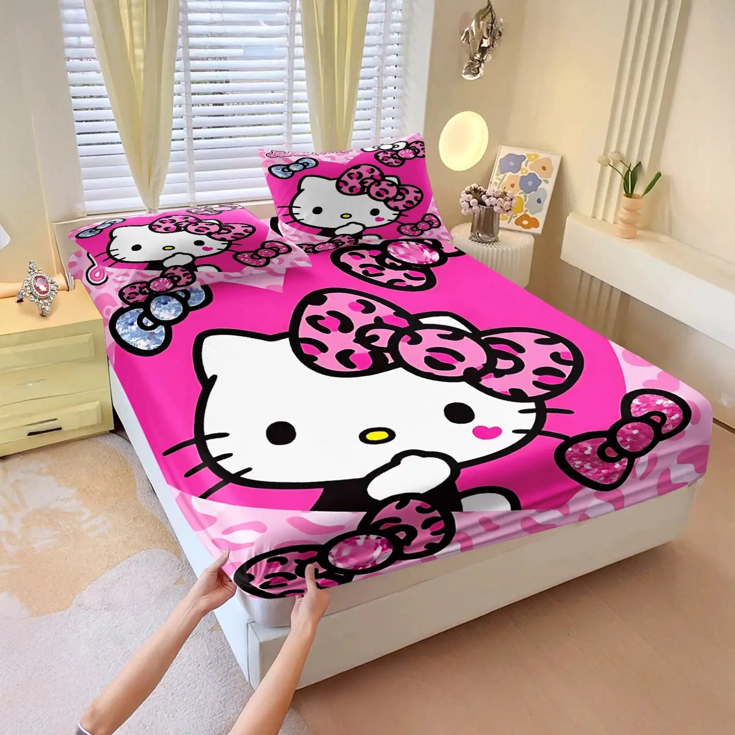 3Pcs Hello Kitty Fitted Sheet Set Purple Glitter Print with Pillowcases Cute Cartoon Fitted Sheet Set for Girls Bedroom Decor from PriceLows™