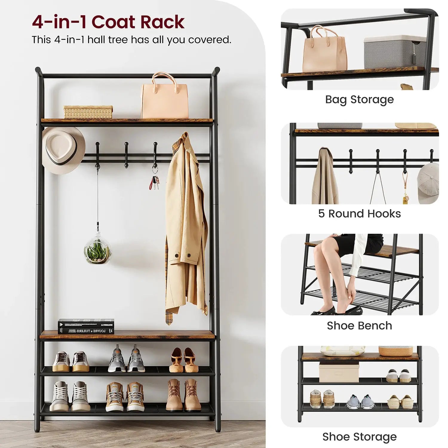 Coat Rack Shoe Bench, 4-in-1 Hall Trees Entryway Bench with Coat Rack and Shoe Rack, Steel Frame Storage Shelf and Hanging Bar from PriceLows™