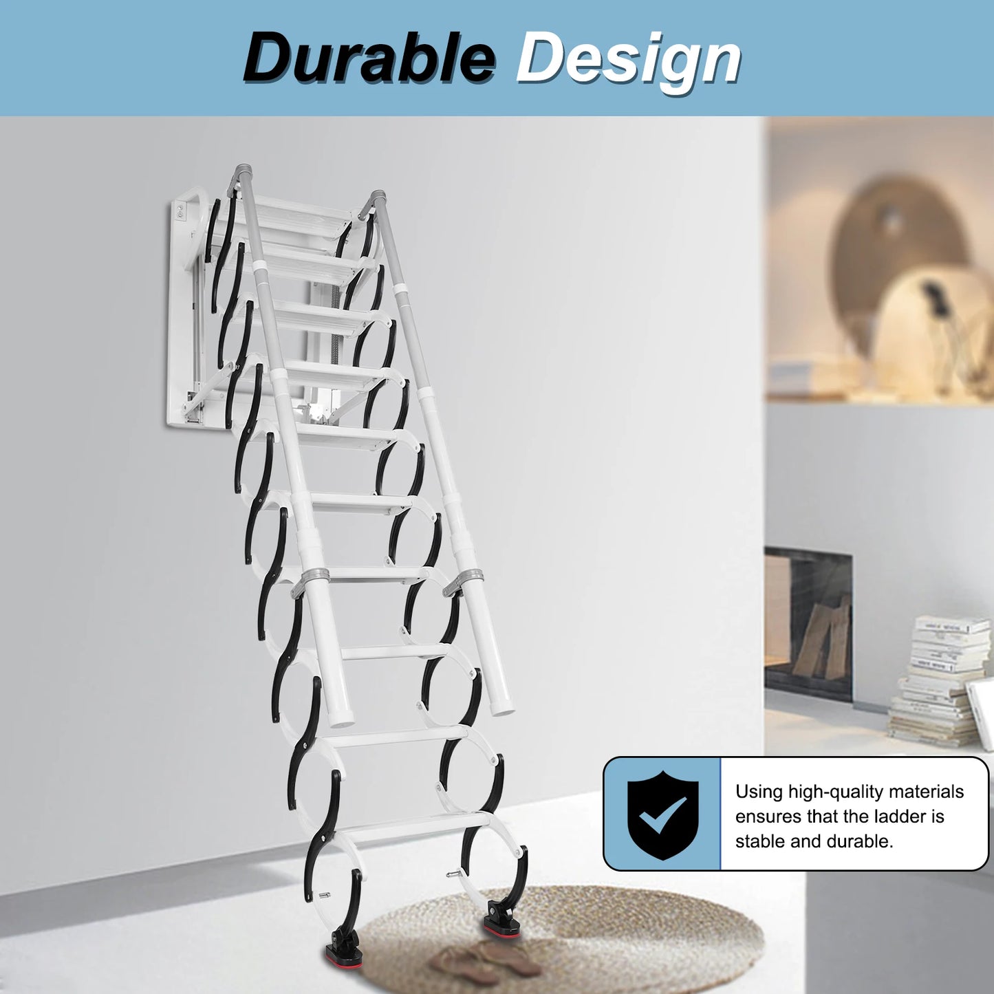11 Steps Wall-Mounted Folding Steel Attic Ladder with 2Handrails Telescopic Attic Ladder Retractable Loft Ladder for Home Indoor from PriceLows™
