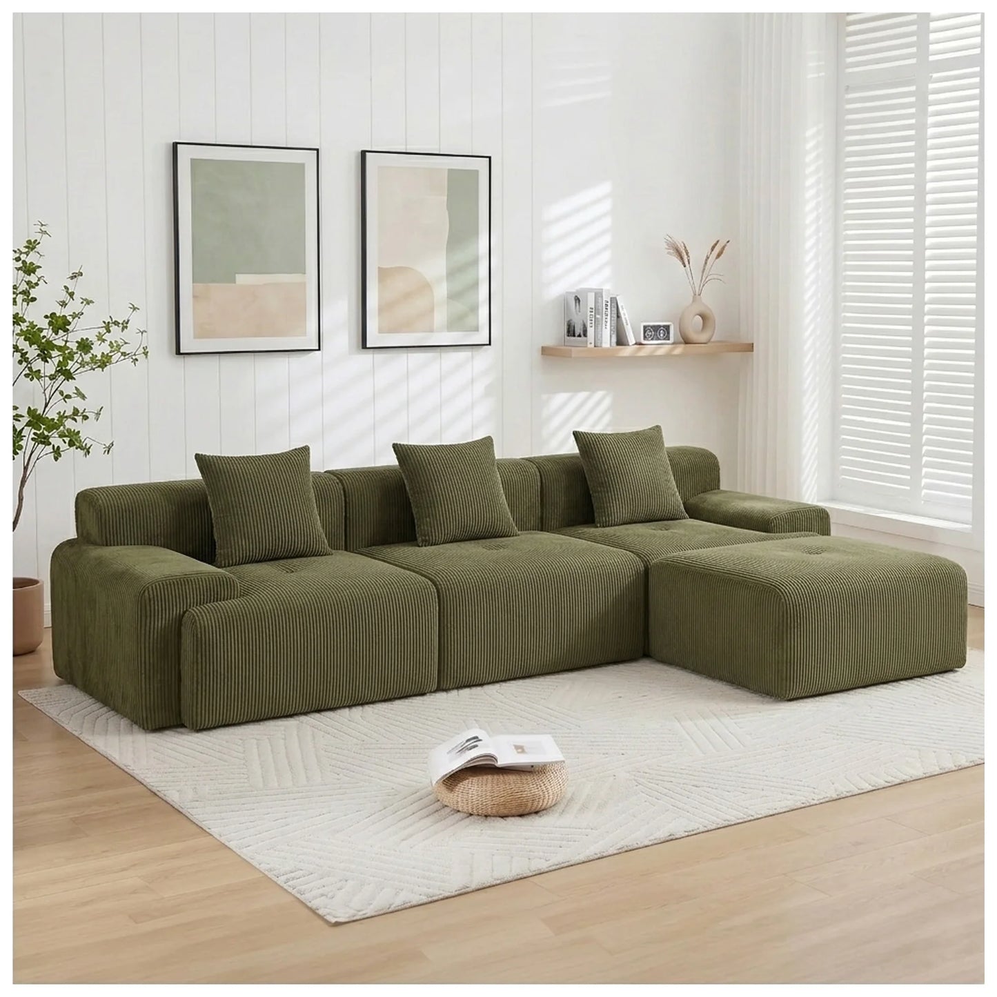 Modular Sectional Sofa | 118 Inch | L Shaped With Movable Ottoman | Beige