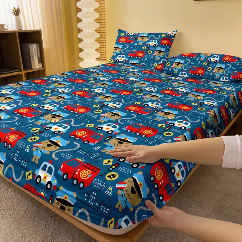 1Pc First Aid Car Pattern Brushed Fitted Sheet,Bedroom Cartoon Anime Printed Bedspread,Bedding(Not Include Pillowcase) from PriceLows™
