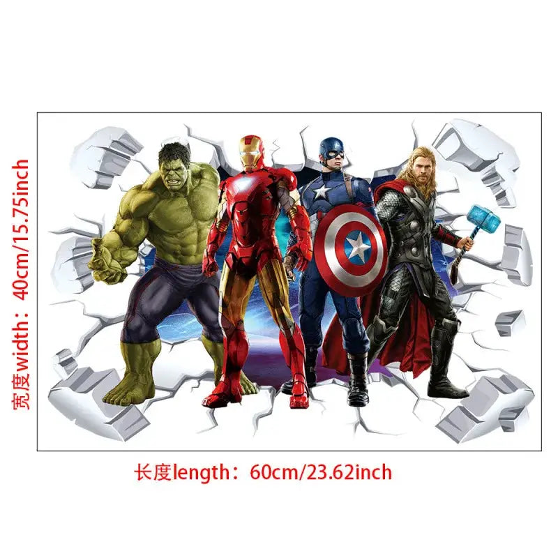 3D Wall Sticker | Size 60x40 cm | Avengers | Hulk Iron Man Captain America Thor