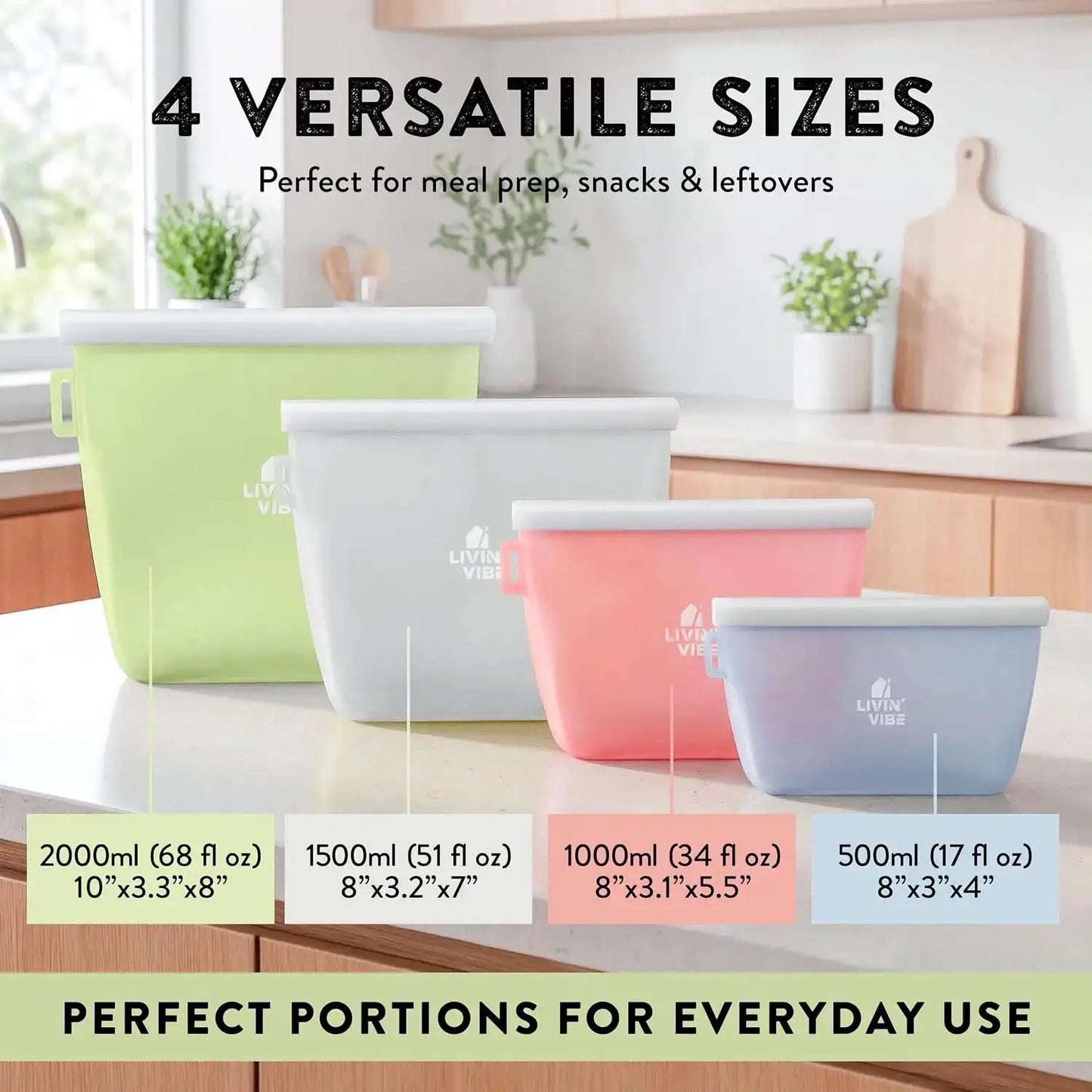Silicone Food Storage Bags | Capacity Range 500ml-2000ml | 4-Pack Multicolor