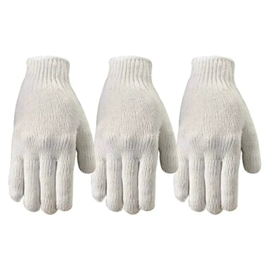 Polyester work gloves for industrial use, string knit material, white color, breathable and durable 3 pair pack from PriceLows™