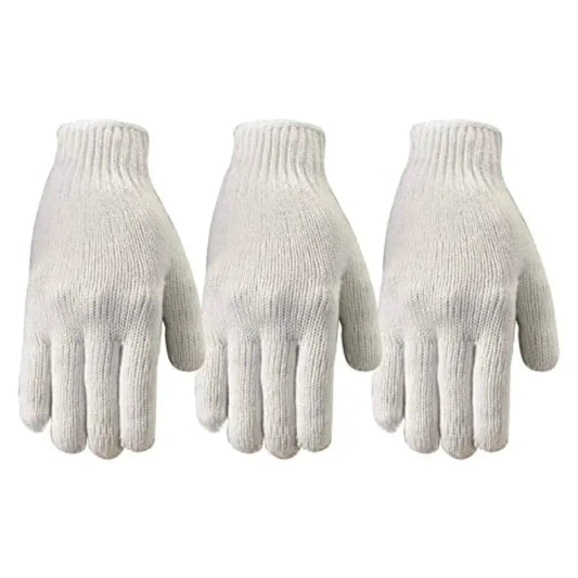 Polyester work gloves for industrial use, string knit material, white color, breathable and durable 3 pair pack from PriceLows™