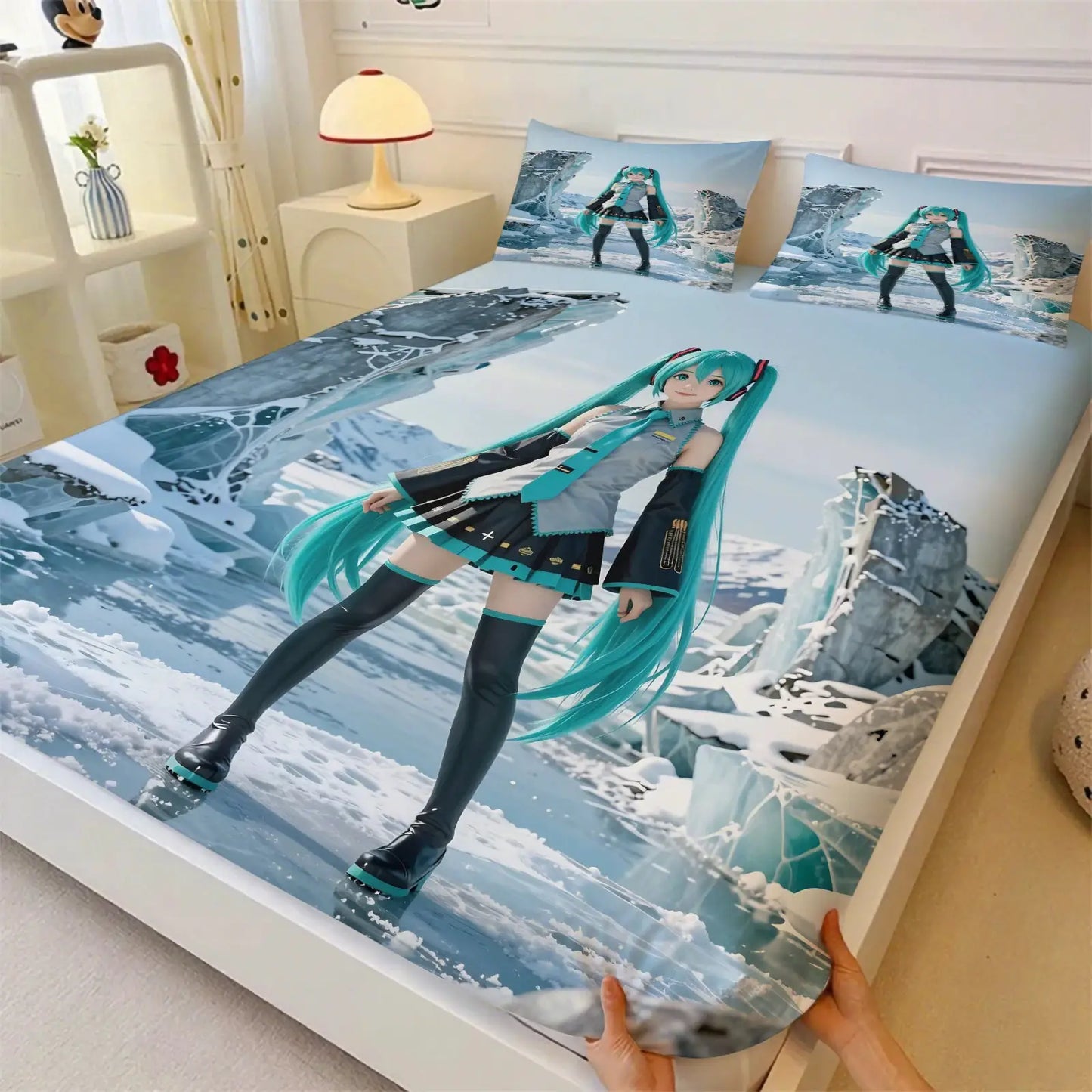 3Pcs Hatsune Miku Fitted Sheet Set with 2 Pillowcases Ink Wash Temple Anime Bedding Set Soft Deep Pocket for Fan Bedroom Decor from PriceLows™
