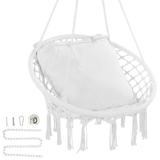 SucceBuy Hanging Hammock Swing Chair 330lbs Macramé Hanging Chair Cotton Rope Swing Chair for Bedroom Balcony Patio Garden White from PriceLows™