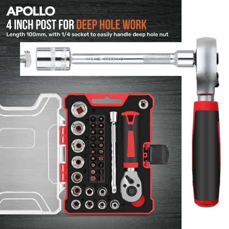 Apollo 35Pcs 1/4" Mini Ratchet Wrench Socket Set w/ Hex Bits & Quick-Release for Auto Repair Socket Wrench Set & Hand Tool Kit from PriceLows™