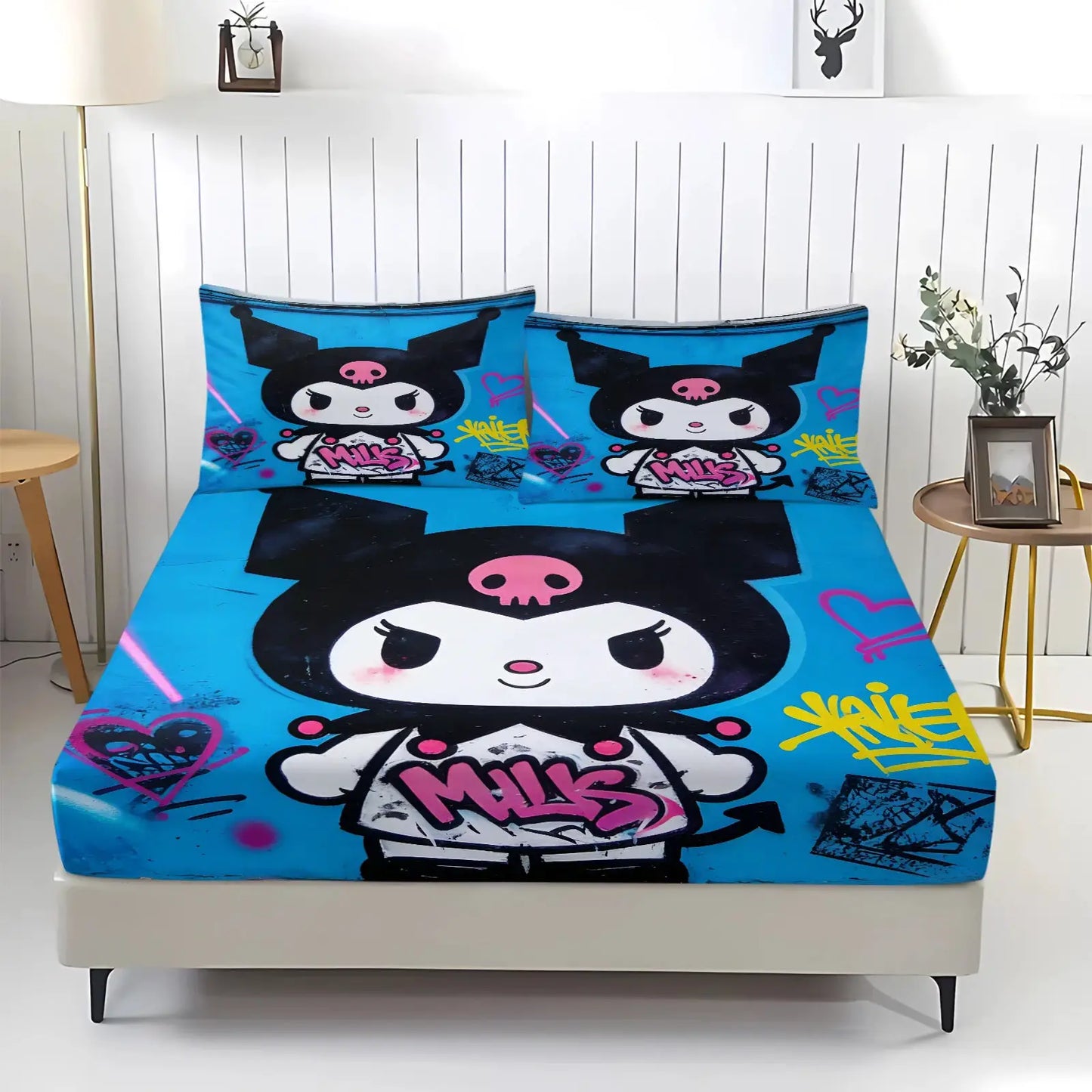 Kawaii Kuromi Cool Blue Fitted Sheet Sanrio Graffiti Print Bed Sheet Set with Pillowcases Anime Edgy Bedding Mattress Cover from PriceLows™