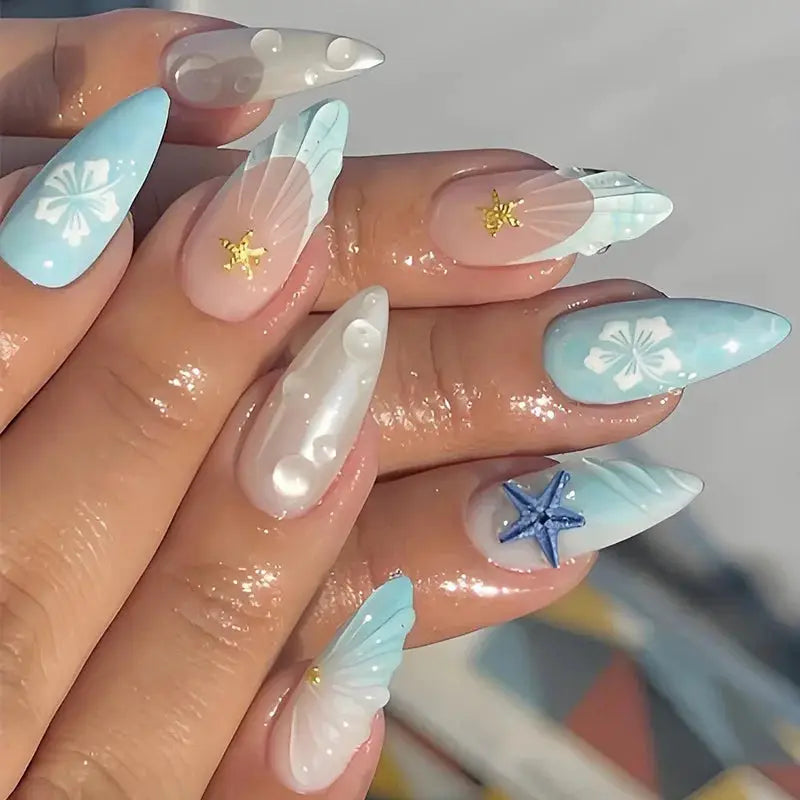 Almond Press On Nails | Acrylic Finish | Pearl Flower Design | 24 Piece Set