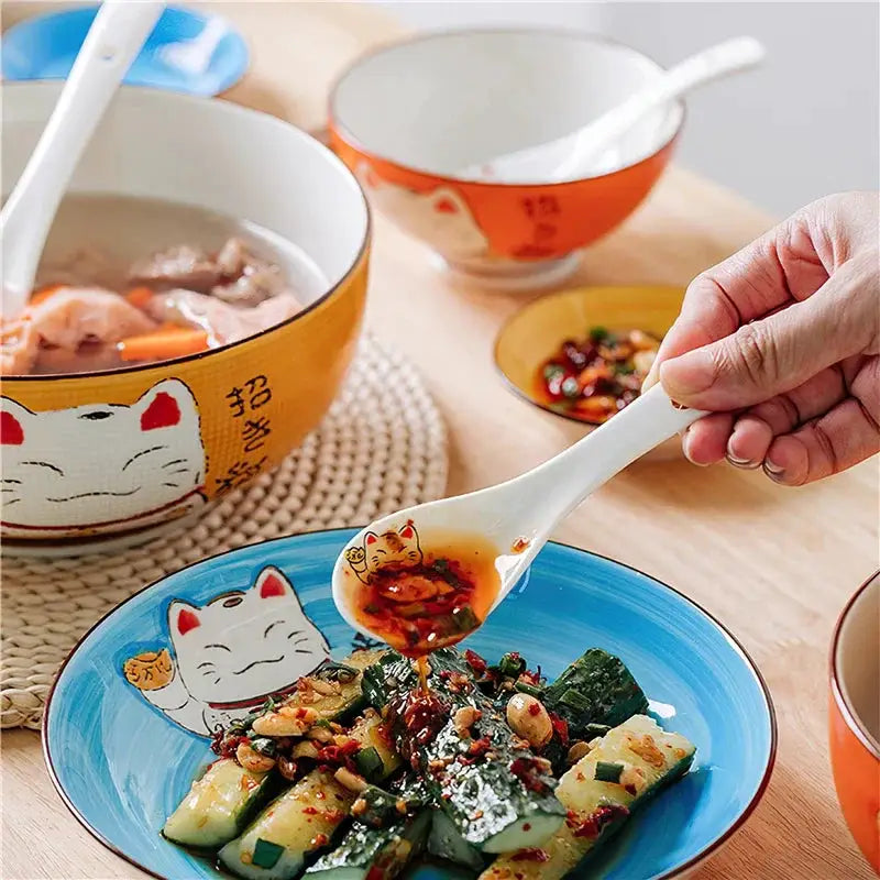 Ceramic Soup Spoon 14cm Japanese White Lucky Cat Bone China Dinnerware Restaurant Household Kitchen Supplies Tableware from PriceLows™