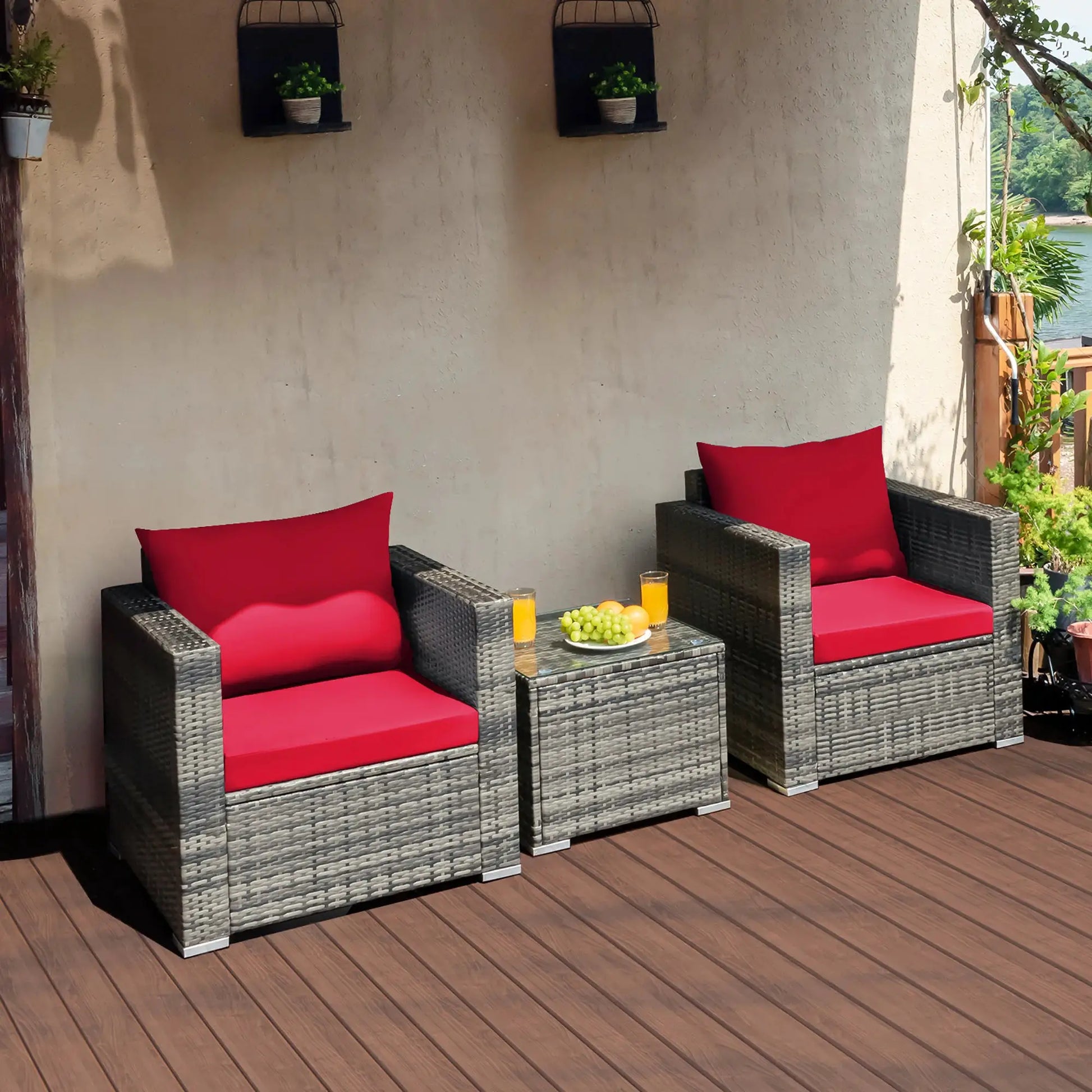 3 PC Patio Rattan Furniture Bistro Set Cushioned Sofa Chair Table Red from PriceLows™