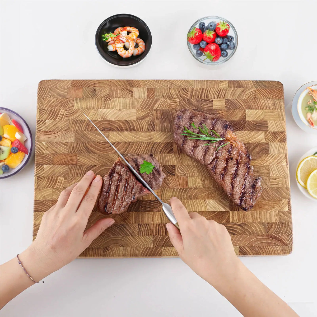 Teak Wood Cutting Board | End Grain | Hidden Handles | Large