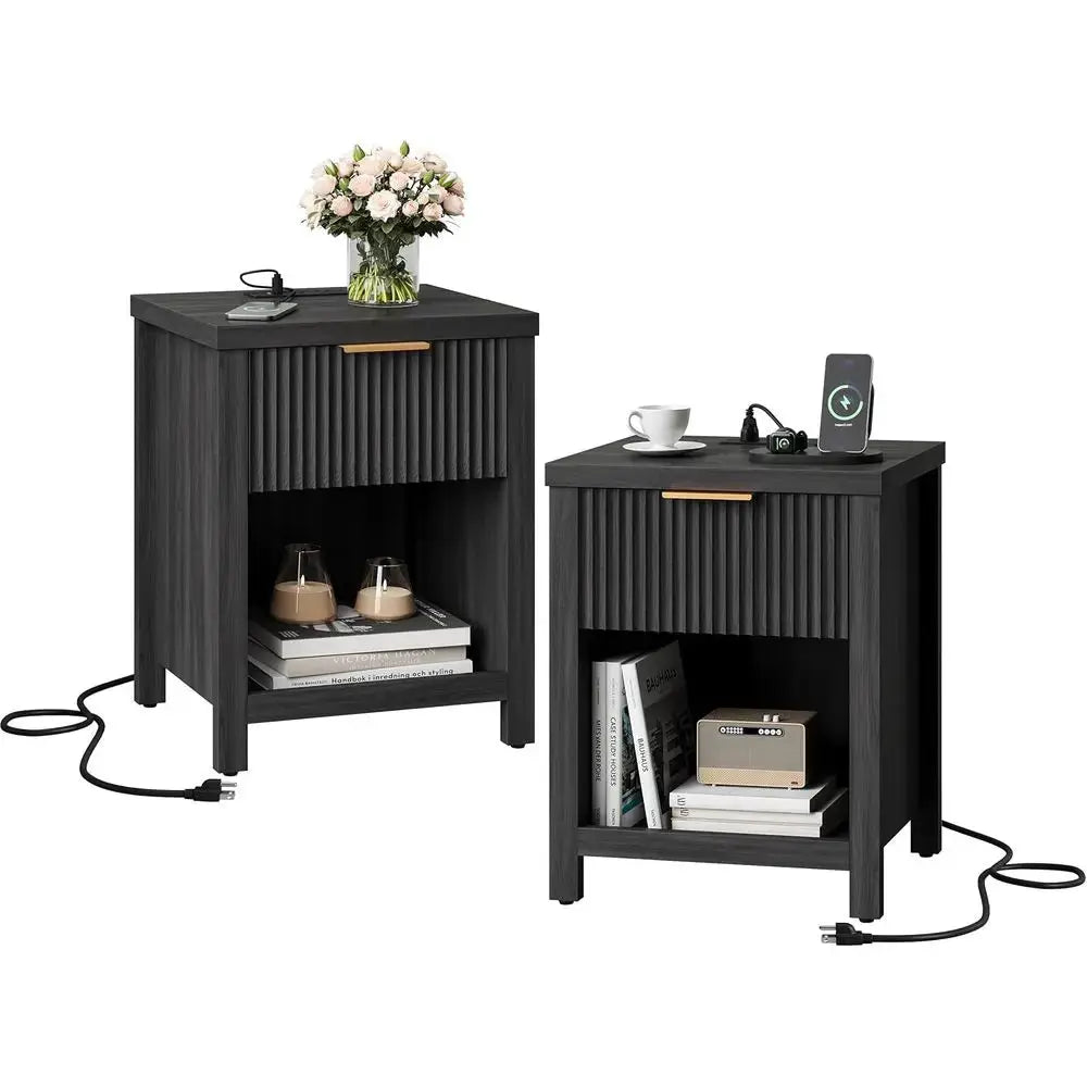2-Piece Grey Charging Station Nightstands with Storage for Bedroom from PriceLows™